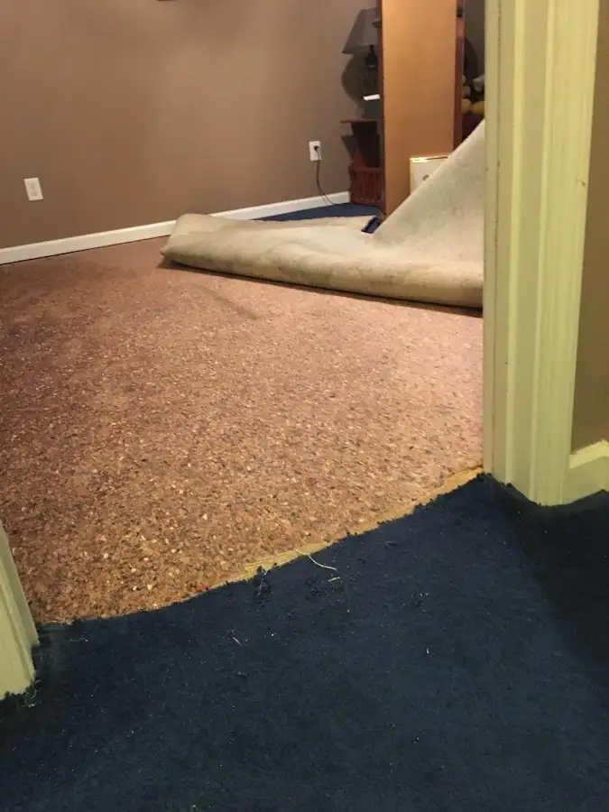 Carpet pad removal revealing water damage during Water Mitigation Services in Mineola